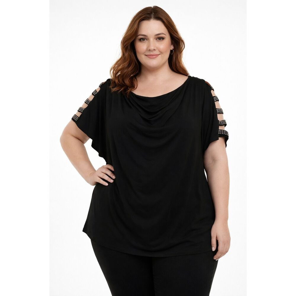 New Carina Womens Size XL Black Cowl Neck Blouse Rhinestone Cold Shoulder Top N